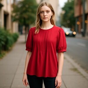 Agnes Orinda Red Blouse Pleated Front Puff Sleeve‎ Top Casual Comfy 2X